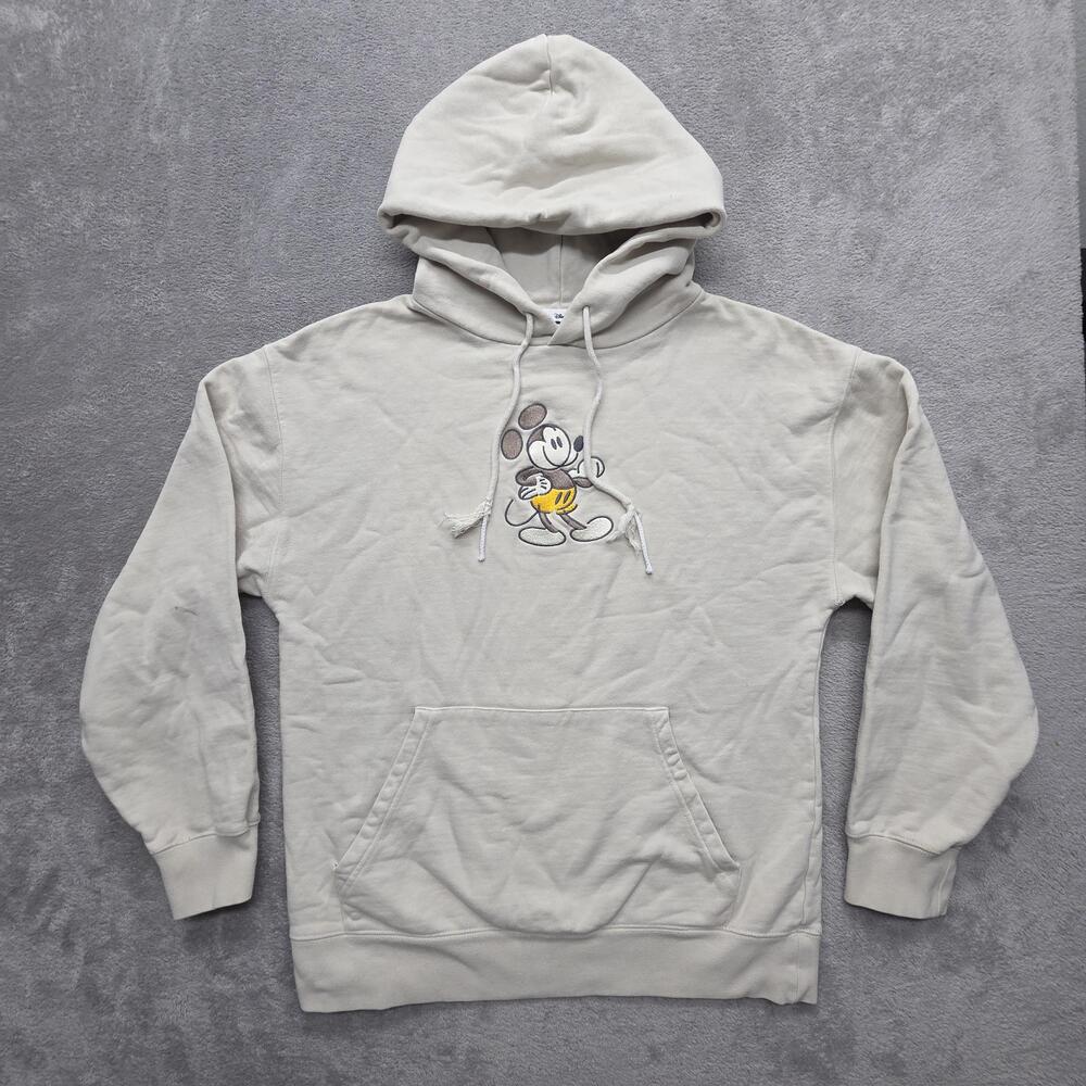 Disney Hoodie Mens M Beige Pullover Hooded Pockets Mickey Mouse Embroidered